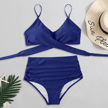 将图片加载到图库查看器，Solid Swimwear Women Top Swimsuit Bikini Solid Push Up High Cut Lace Up Halter Bikini Set Women High Waist Bikini Twist Front Swimsuits Lace Up Bikini Tops 2 Piece Bathing Suits Summer Swimsuit
