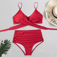 将图片加载到图库查看器，Solid Swimwear Women Top Swimsuit Bikini Solid Push Up High Cut Lace Up Halter Bikini Set Women High Waist Bikini Twist Front Swimsuits Lace Up Bikini Tops 2 Piece Bathing Suits Summer Swimsuit
