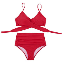 将图片加载到图库查看器，Solid Swimwear Women Top Swimsuit Bikini Solid Push Up High Cut Lace Up Halter Bikini Set Women High Waist Bikini Twist Front Swimsuits Lace Up Bikini Tops 2 Piece Bathing Suits Summer Swimsuit
