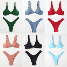 Load image into Gallery viewer, Solid Tie  Bikini Padded Bra High Leg Bandage Push Up Bikini Set Brazilian Swimsuit Women Swimwear Rib Bikini Set High Cut Spaghetti Strap Two Piece Swimsuit Bathing Suit
