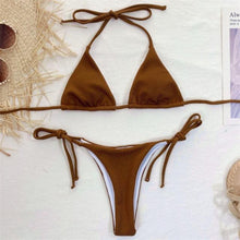 将图片加载到图库查看器，Solid Triangle Bikini Swimwear Women Bandage Backless Two Pieces Swimsuit Women Beachwear Set Women's Halter Triangle Bikini Thong Bottom  Cheeky Two Piece Swimsuits

