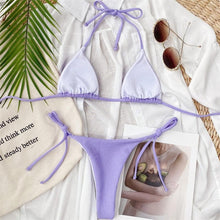 将图片加载到图库查看器，Solid Triangle Bikini Swimwear Women Bandage Backless Two Pieces Swimsuit Women Beachwear Set Women's Halter Triangle Bikini Thong Bottom  Cheeky Two Piece Swimsuits
