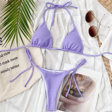 将图片加载到图库查看器，Solid Triangle Bikini Swimwear Women Bandage Backless Two Pieces Swimsuit Women Beachwear Set Women's Halter Triangle Bikini Thong Bottom  Cheeky Two Piece Swimsuits
