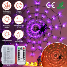 Load image into Gallery viewer, Spider Web Light with Hairy Spider 70LED Battery Powered Remote Control 8 Lighting Modes
