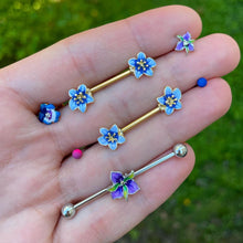 Load image into Gallery viewer, 14G 9/16 Clear Gem Gold Tone Blue Spring Flower Nipple Ring Set
