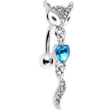 Load image into Gallery viewer, Blue Gem Heart Fierce Fox Head Top Mount Dangle Belly Ring

