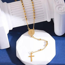 Load image into Gallery viewer, Stainless Steel St. Benedict Pattern Golden Rosary Cross Pendant Necklace
