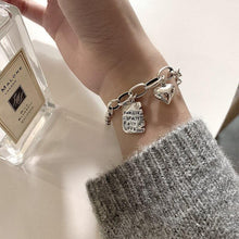 将图片加载到图库查看器，Sterling Silver Simple Heart Ball Letter Square Bracelet Fashion Unique Design Retro Couple Heart Cute Couple Charms Chain Bracelet Adjustable Layered Metal Link Bracelet For Women Girls
