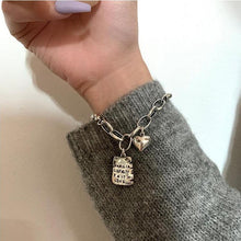 将图片加载到图库查看器，Sterling Silver Simple Heart Ball Letter Square Bracelet Fashion Unique Design Retro Couple Heart Cute Couple Charms Chain Bracelet Adjustable Layered Metal Link Bracelet For Women Girls
