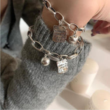 将图片加载到图库查看器，Sterling Silver Simple Heart Ball Letter Square Bracelet Fashion Unique Design Retro Couple Heart Cute Couple Charms Chain Bracelet Adjustable Layered Metal Link Bracelet For Women Girls
