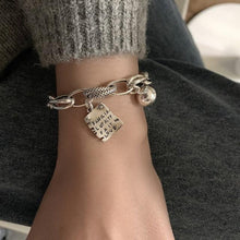 将图片加载到图库查看器，Sterling Silver Simple Heart Ball Letter Square Bracelet Fashion Unique Design Retro Couple Heart Cute Couple Charms Chain Bracelet Adjustable Layered Metal Link Bracelet For Women Girls
