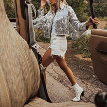 Load image into Gallery viewer, Sterlling Women's Tassel Sequin Jacket Autumn Winter Streewear Rock Stylish Long-sleeved Silver Reflective Jacket Women Outwear Tops
