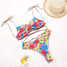 Load image into Gallery viewer, String Bikini Swimsuit Floral Print Swimwear Women Bathing Suit High Waist Bikini Set Beachwear Women's Floral Printed Swimsuit Knotted String Triangle Bikini Tie Side High Cut Cheeky Bikini Set
