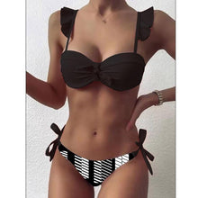 将图片加载到图库查看器，Striped Lace Ruffle Push Up Women Swimsuit Female Swimwear Bra Cup Bikini Set High Cut Bathing Suit Women Two Piece Swimsuits Push Up Bikini Sets Bathing Suits Ruffle Bikini Tops With Bottoms For Teen Girls
