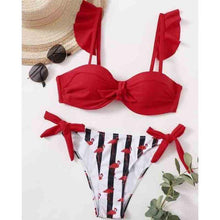 将图片加载到图库查看器，Striped Lace Ruffle Push Up Women Swimsuit Female Swimwear Bra Cup Bikini Set High Cut Bathing Suit Women Two Piece Swimsuits Push Up Bikini Sets Bathing Suits Ruffle Bikini Tops With Bottoms For Teen Girls
