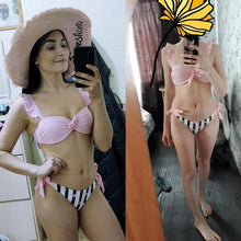 将图片加载到图库查看器，Striped Lace Ruffle Push Up Women Swimsuit Female Swimwear Bra Cup Bikini Set High Cut Bathing Suit Women Two Piece Swimsuits Push Up Bikini Sets Bathing Suits Ruffle Bikini Tops With Bottoms For Teen Girls
