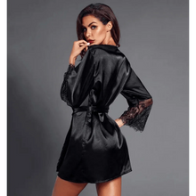 Load image into Gallery viewer, Stylish Black Satin Silk Short Bathrobes For Women Classic Lace On Sleeves Sleepwear Vintage Women's Sleewear

