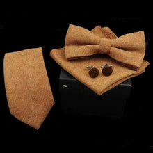 Load image into Gallery viewer, Stylish Solid Color Polyester Tie Bowtie Handkerchief Cufflinks Set For Men Butterfly Wedding Party Necktie Men's Fashion Bowtie
