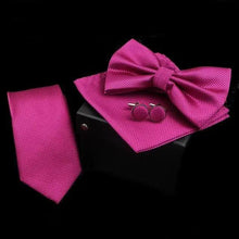 Load image into Gallery viewer, Stylish Solid Color Polyester Tie Bowtie Handkerchief Cufflinks Set For Men Butterfly Wedding Party Necktie Men's Fashion Bowtie
