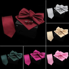 Load image into Gallery viewer, Stylish Solid Color Polyester Tie Bowtie Handkerchief Cufflinks Set For Men Butterfly Wedding Party Necktie Men's Fashion Bowtie
