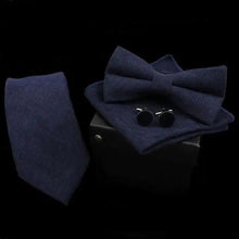 Load image into Gallery viewer, Stylish Solid Color Polyester Tie Bowtie Handkerchief Cufflinks Set For Men Butterfly Wedding Party Necktie Men's Fashion Bowtie

