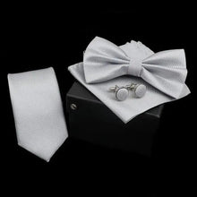 Load image into Gallery viewer, Stylish Solid Color Polyester Tie Bowtie Handkerchief Cufflinks Set For Men Butterfly Wedding Party Necktie Men's Fashion Bowtie
