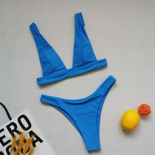 将图片加载到图库查看器，Summer Bikini Stylish Swimwear Women Halter Push Up Bikini Women's  Neck Triangle Bikini Set Leopard Print Two Piece Swimsuits Set Swimsuit Female Lemon Print Bandage Bathing Suit
