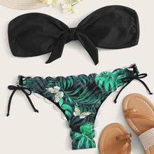 将图片加载到图库查看器，Summer Blue Bikini Women Swimwear Female Swimsuit  Women’s Floral Print Lace-up Strapless Padded Comfortable Swimwear Bathing Suit Two-pieces Bikini Set Knotted Bathing Swim Suit
