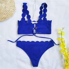 将图片加载到图库查看器，Summer Blue Bikini Women Swimwear Female Swimsuit  Women’s Floral Print Lace-up Strapless Padded Comfortable Swimwear Bathing Suit Two-pieces Bikini Set Knotted Bathing Swim Suit
