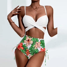 将图片加载到图库查看器，Summer Floral Print Bikini Swimsuit Women 3 Piece High-Waist Bikini Set Swimwear Female Push-Up Bathing Suit Tropical High Waist Wrap Swimsuit With Beach Cover Ups Soft And Breathable Summer Bikini
