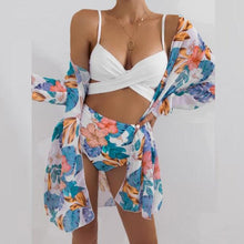 将图片加载到图库查看器，Summer Floral Print Bikini Swimsuit Women 3 Piece High-Waist Bikini Set Swimwear Female Push-Up Bathing Suit Tropical High Waist Wrap Swimsuit With Beach Cover Ups Soft And Breathable Summer Bikini
