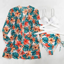 将图片加载到图库查看器，Summer Floral Print Bikini Swimsuit Women 3 Piece High-Waist Bikini Set Swimwear Female Push-Up Bathing Suit Tropical High Waist Wrap Swimsuit With Beach Cover Ups Soft And Breathable Summer Bikini
