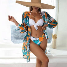 将图片加载到图库查看器，Summer Floral Print Bikini Swimsuit Women 3 Piece High-Waist Bikini Set Swimwear Female Push-Up Bathing Suit Tropical High Waist Wrap Swimsuit With Beach Cover Ups Soft And Breathable Summer Bikini
