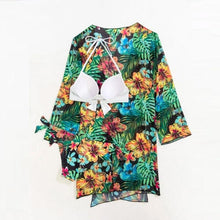 将图片加载到图库查看器，Summer Floral Print Bikini Swimsuit Women 3 Piece High-Waist Bikini Set Swimwear Female Push-Up Bathing Suit Tropical High Waist Wrap Swimsuit With Beach Cover Ups Soft And Breathable Summer Bikini

