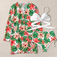 将图片加载到图库查看器，Summer Floral Print Bikini Swimsuit Women 3 Piece High-Waist Bikini Set Swimwear Female Push-Up Bathing Suit Tropical High Waist Wrap Swimsuit With Beach Cover Ups Soft And Breathable Summer Bikini
