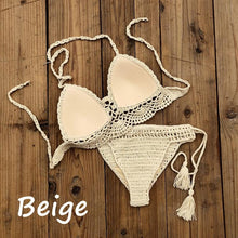 Load image into Gallery viewer, Summer Hand Crochet Women Swimwear Crop Top Push Up Bikini Set Beach Swimsuit Suit Tassel Swim Beach Beachwear Bikini Bra Bikini Swimsuit Women Beach Crochet Crop Summer Halter Bikini
