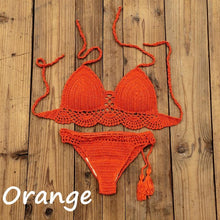 Load image into Gallery viewer, Summer Hand Crochet Women Swimwear Crop Top Push Up Bikini Set Beach Swimsuit Suit Tassel Swim Beach Beachwear Bikini Bra Bikini Swimsuit Women Beach Crochet Crop Summer Halter Bikini
