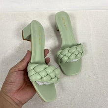 将图片加载到图库查看器，Summer Solid Weave Women Square Heel Sandal Fashion Thick High Heels Outdoor Party Slides Sandals Womens Open Toe Flat Slip-on Leather Weave Casual Walking Slippers Flip Flop

