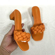将图片加载到图库查看器，Summer Solid Weave Women Square Heel Sandal Fashion Thick High Heels Outdoor Party Slides Sandals Womens Open Toe Flat Slip-on Leather Weave Casual Walking Slippers Flip Flop
