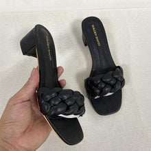 将图片加载到图库查看器，Summer Solid Weave Women Square Heel Sandal Fashion Thick High Heels Outdoor Party Slides Sandals Womens Open Toe Flat Slip-on Leather Weave Casual Walking Slippers Flip Flop
