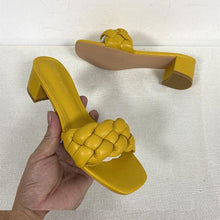 将图片加载到图库查看器，Summer Solid Weave Women Square Heel Sandal Fashion Thick High Heels Outdoor Party Slides Sandals Womens Open Toe Flat Slip-on Leather Weave Casual Walking Slippers Flip Flop
