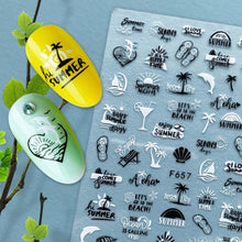 Load image into Gallery viewer, Summer Tropical Beach Coconut Tree Slippers 3D Nail Sticker Leaves Shell Transfer Decals Slider Decoration Manicures  Tip Water Transfer Nail Decals Sticker For Pretty Girl Self-Adhesive Nail Decals Designer Nail Stickers for Acrylic
