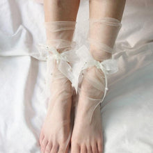 Load image into Gallery viewer, Summer Ultra-Thin Tulle Socks Women Transparent Pearls Long Socks Female Chiffon Lace Up Funny Socks Streetwear See Through Socks Princess Cute Socks For Women
