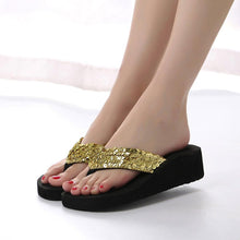 将图片加载到图库查看器，Summer Women Flip Flops Casual Sequins Anti-Slip Slippers Beach Flip Flat Sandals Beach Open Toe Shoes Womens Glitter Bling Fancy Slide Flat Low Sparkle Sandals Elegant Shoes
