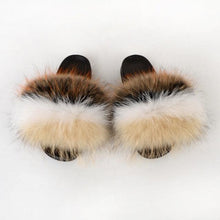 将图片加载到图库查看器，Summer Women Raccoon Fur Slippers Plush Slides Furry Sandals Fluffy House Shoes Girl's Cute Flip Flops Sandal With Soft Furry Faux Fox Fur House Outdoor Multicolor Slippers
