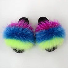 将图片加载到图库查看器，Summer Women Raccoon Fur Slippers Plush Slides Furry Sandals Fluffy House Shoes Girl's Cute Flip Flops Sandal With Soft Furry Faux Fox Fur House Outdoor Multicolor Slippers
