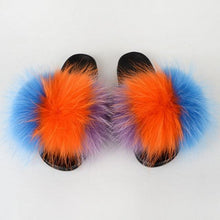 将图片加载到图库查看器，Summer Women Raccoon Fur Slippers Plush Slides Furry Sandals Fluffy House Shoes Girl's Cute Flip Flops Sandal With Soft Furry Faux Fox Fur House Outdoor Multicolor Slippers
