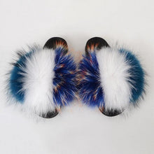 将图片加载到图库查看器，Summer Women Raccoon Fur Slippers Plush Slides Furry Sandals Fluffy House Shoes Girl's Cute Flip Flops Sandal With Soft Furry Faux Fox Fur House Outdoor Multicolor Slippers
