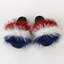 将图片加载到图库查看器，Summer Women Raccoon Fur Slippers Plush Slides Furry Sandals Fluffy House Shoes Girl's Cute Flip Flops Sandal With Soft Furry Faux Fox Fur House Outdoor Multicolor Slippers
