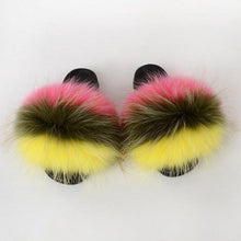 将图片加载到图库查看器，Summer Women Raccoon Fur Slippers Plush Slides Furry Sandals Fluffy House Shoes Girl's Cute Flip Flops Sandal With Soft Furry Faux Fox Fur House Outdoor Multicolor Slippers
